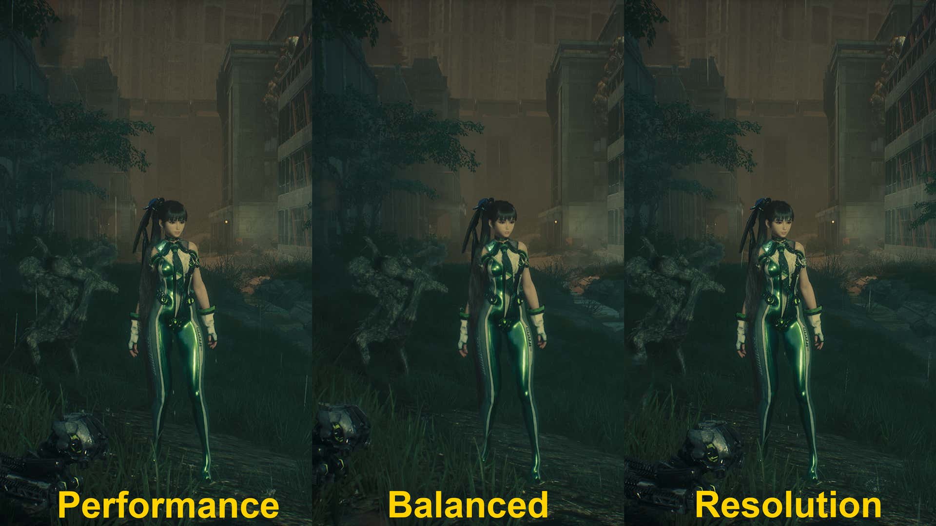 Three images arranged to show the differences in graphics options in Stellar Blade.